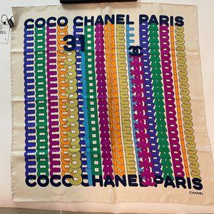 CHANEL NWB FULL SET 21K ECRU W/MULTICOLOR COCO CHANEL PARIS SCARF 26"X26"